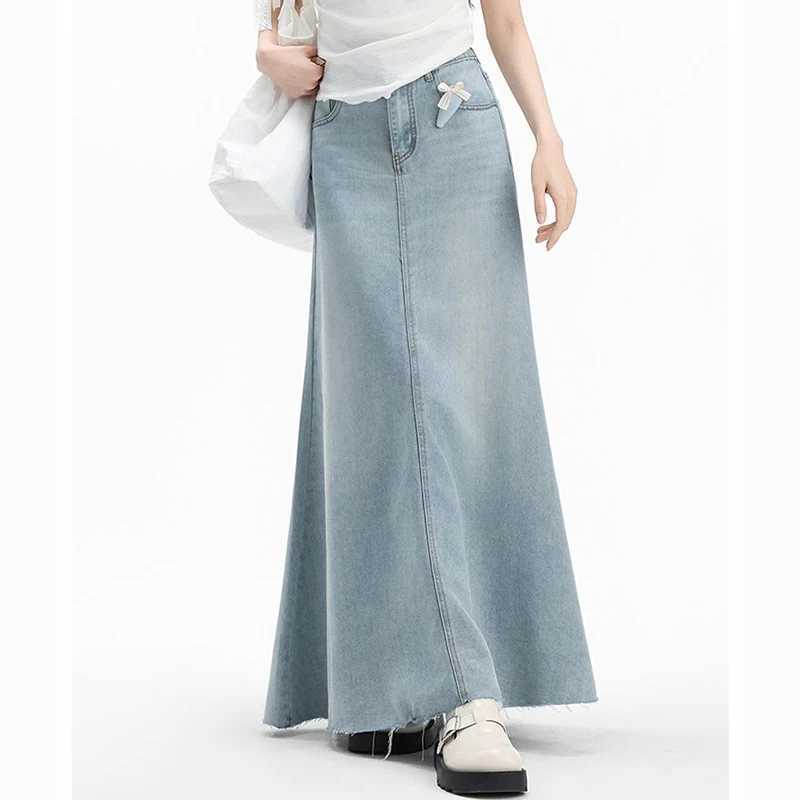 Summer Female Retro Casual High Waist Jeans Skirts New Fashion Women Mid-Long Denim Skirts s Chic Korean Denim Dress M260314