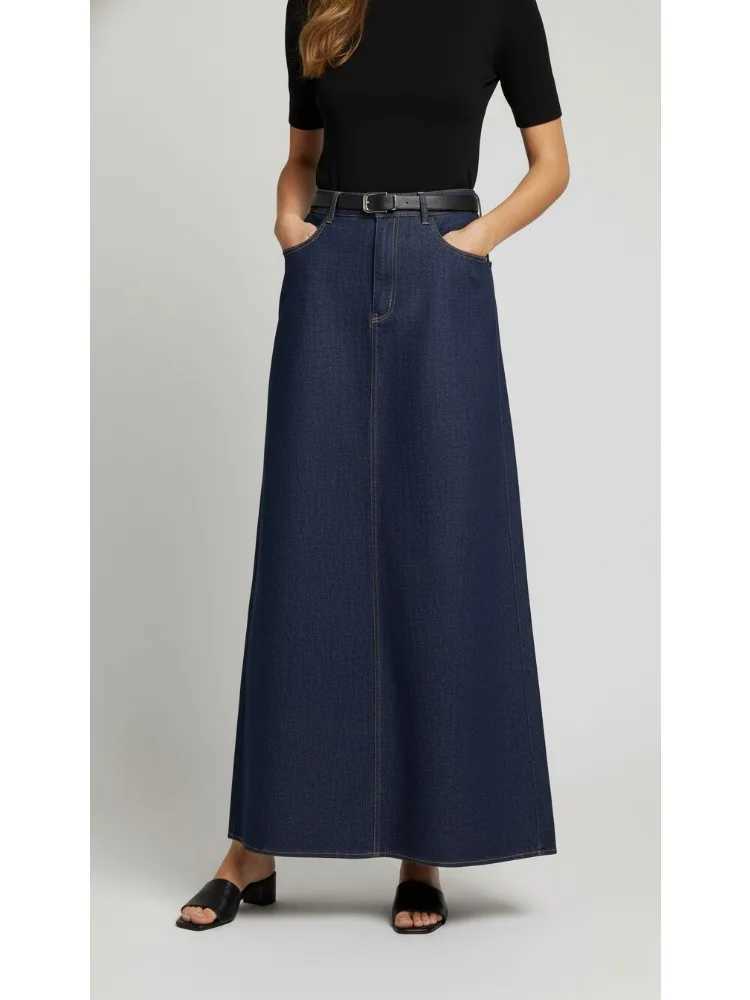 2026 New Womens Dark Blue Denim Skirt Zippered High Waist Pockets A-Line Ankle-Length Skirts Casual Commuter Bottoms M260314