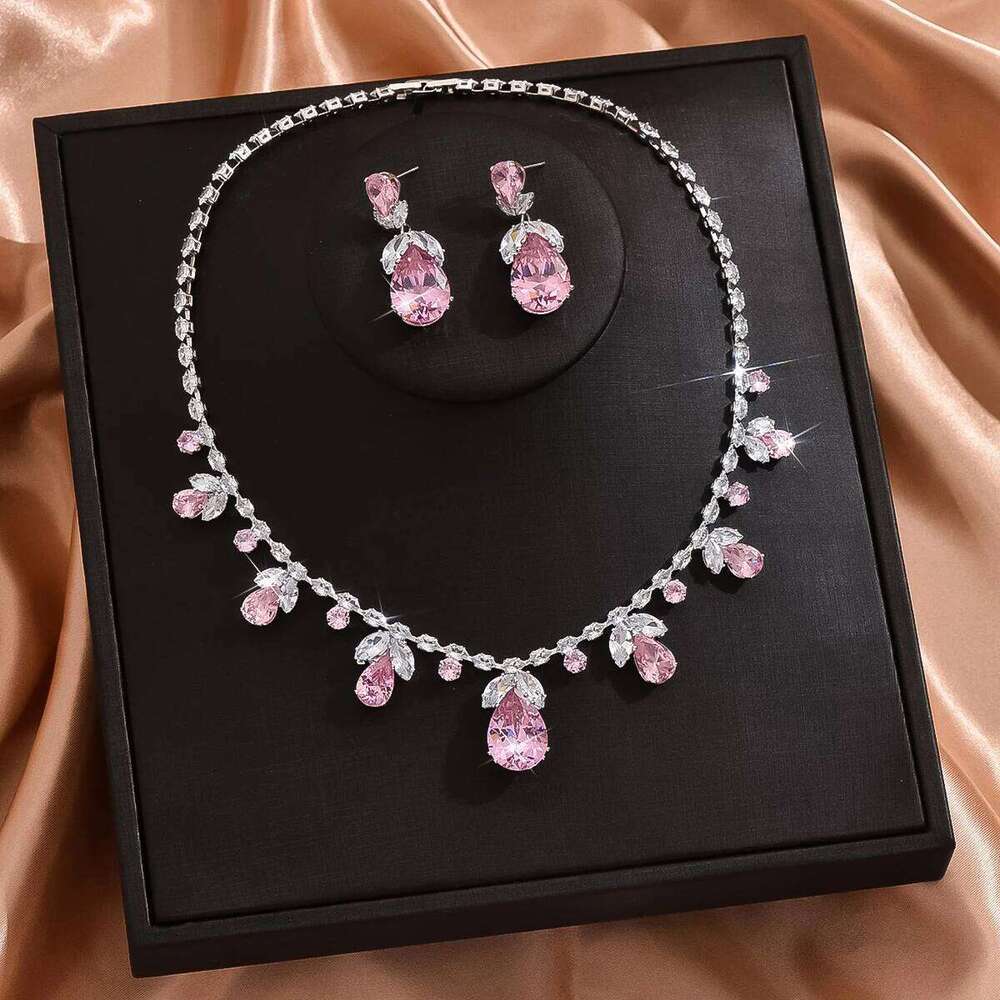 3PC Women's Fashion Zircon Series Pink Water Drop Necklace Earrings Jewelry Set Suitable for Wedding, Party, Festival Gifts-8583 Z260313