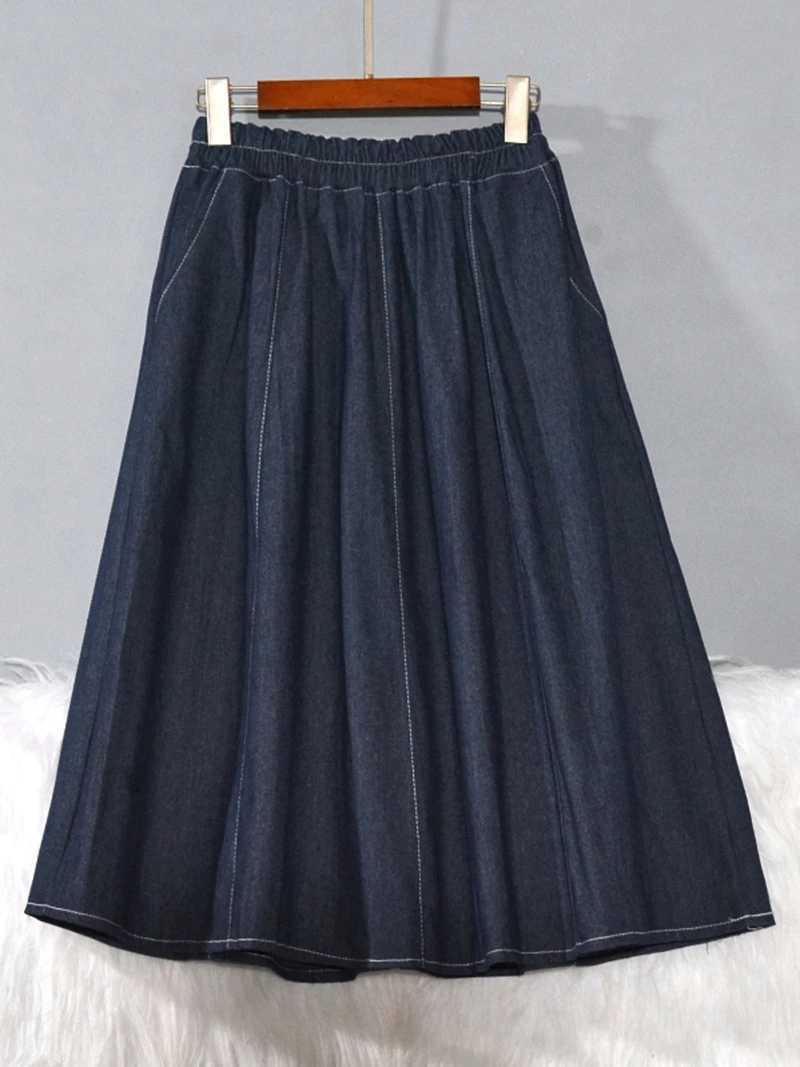 Summer Thin Denim f-length Skirt with kets for Women Mid-waist A-line Skirt Resin Color-fastening Loose Flared Skirt M260314