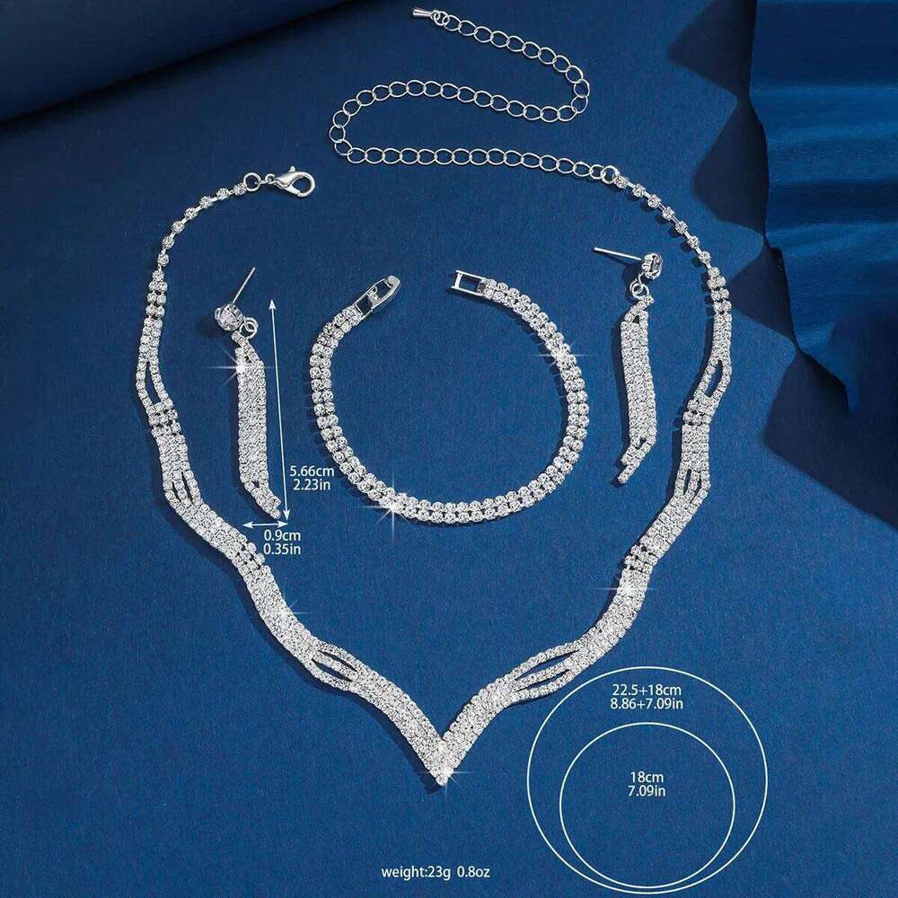 V-Shaped Crystal Jewelry Set 4Pcs Necklace+Bangle+Earrings Shiny Silver-Plated for Women Party Wedding Evening Accessories Pro Z260313
