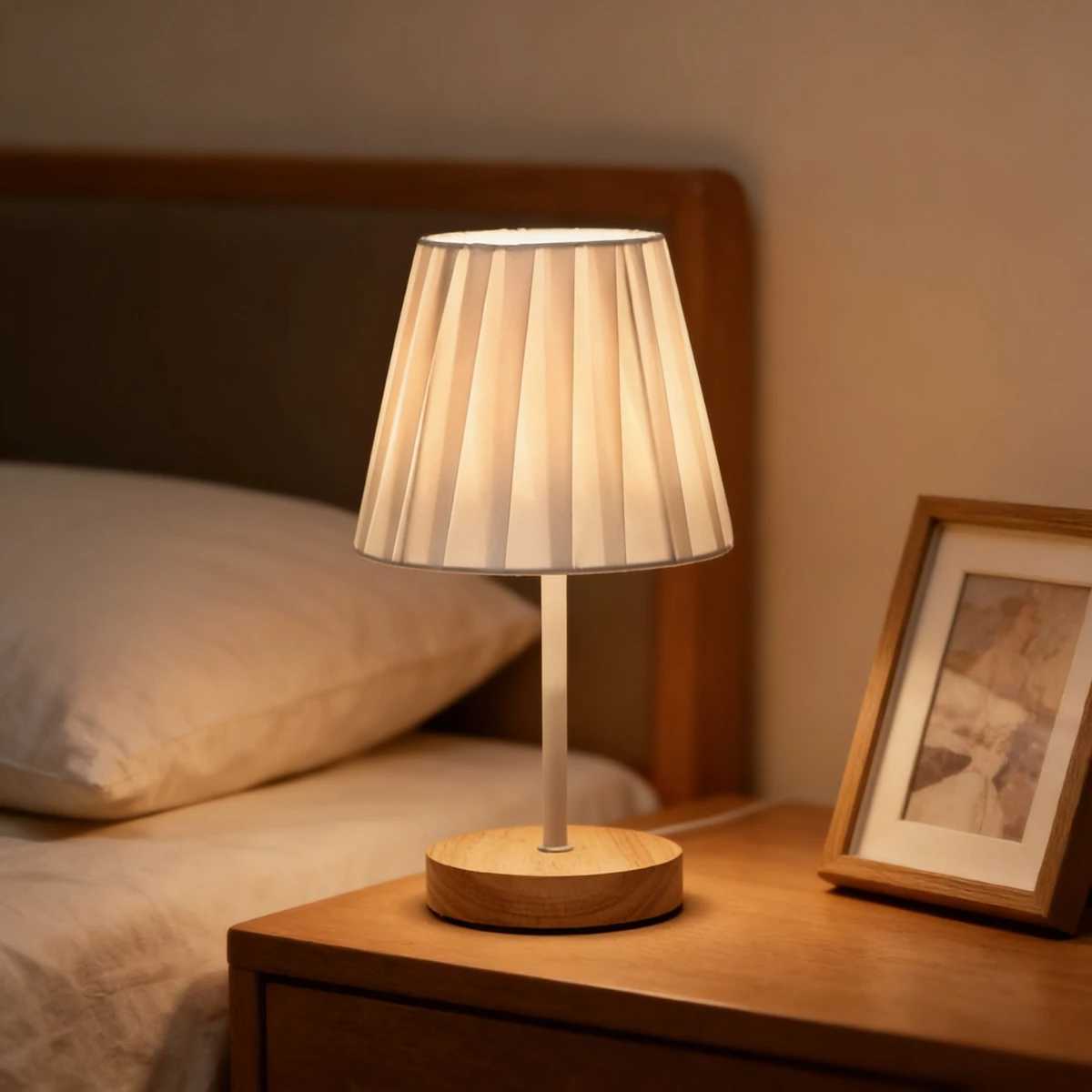 Vintage art desk lamp with fabric lampshade - wooden bedside lamp suitable for living room study and home decoration Y260314