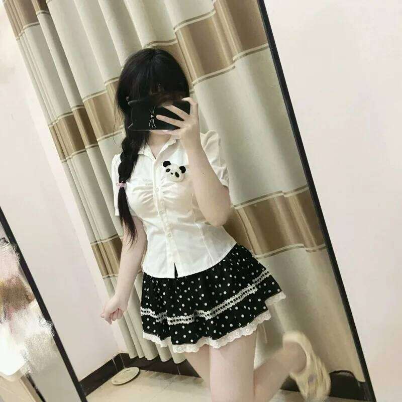 Japanese Black Polka Dot Mini Cake Skirt Summer Kawaii Design Sweet Cute Lace Skirts Harajuku Korea Chic Patchwork Outfits Z260314