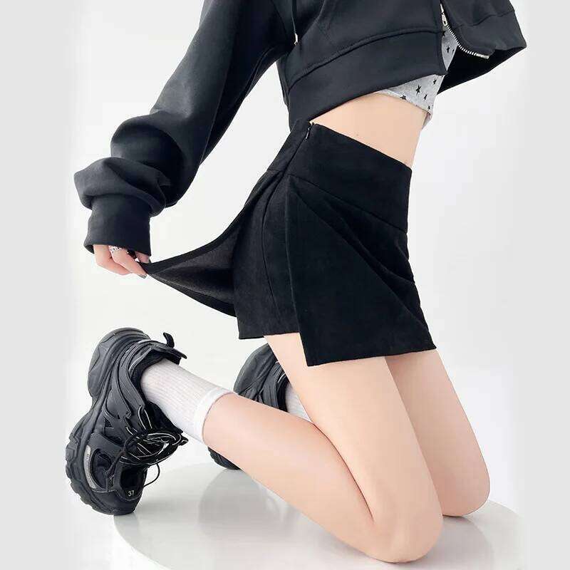 Solid Color Suede Women's Autumn Winter Fashion High Waisted A-Line Bodycon Flared Slit Short Pants Skirt Z260314