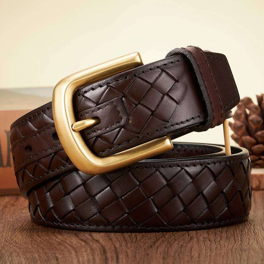 3.8cm Copper Buckle Cowskin Real Genuine Leather Belts For Men Luxury Woven Cowboy Braided Male Strap for Jeans Z260226