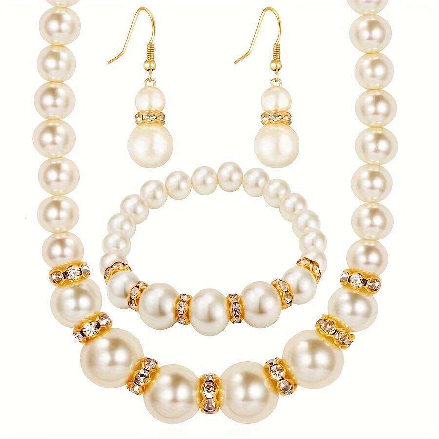 4pcs/Set Faux Pearl Jewelry Set with Necklace Bracelet,Pearl-Shaped Bracelet And Simple Gold-Tone Earrings for Women Z260313