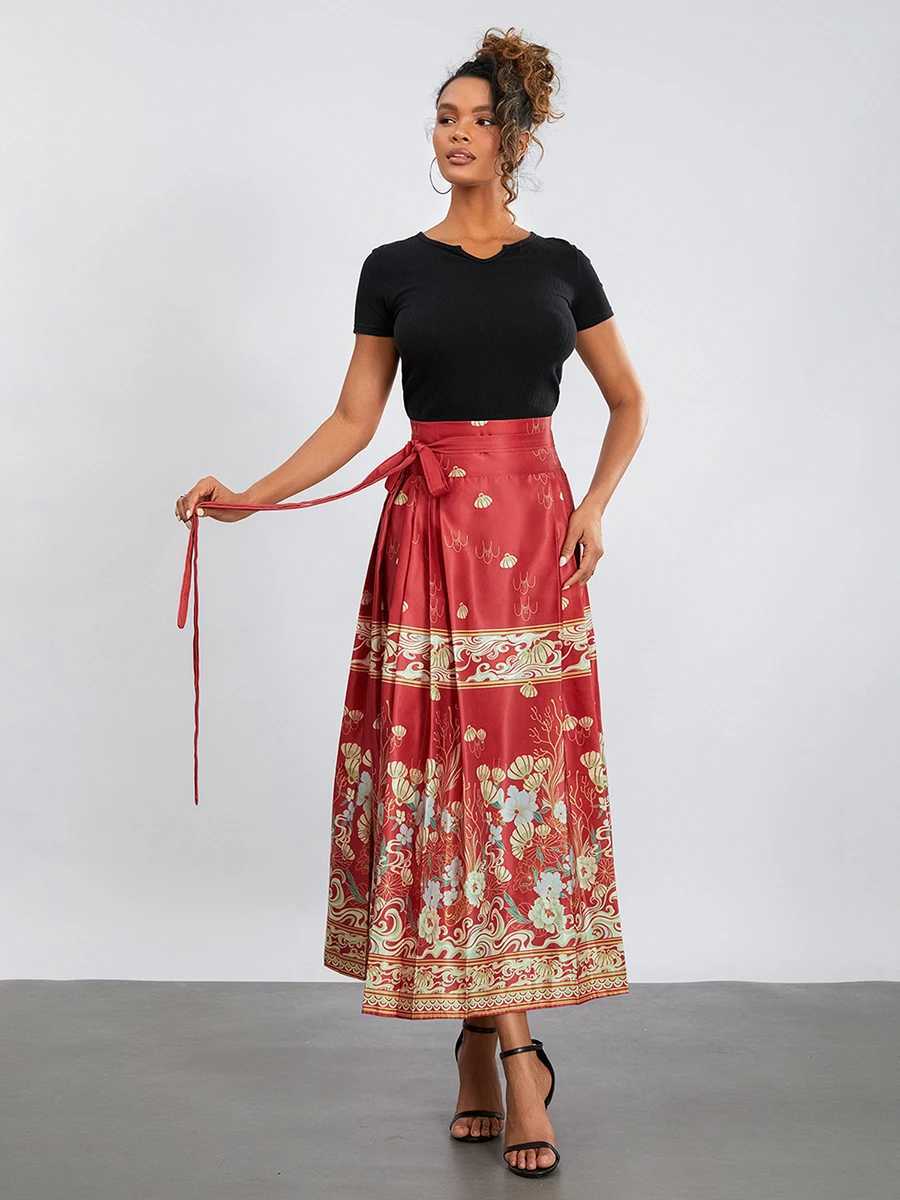 Women s Horse Face Skirt EleGant Phoenix Character Flower Print Pleated Tie Up A-Line Long Swing Skirt Clothing M260314
