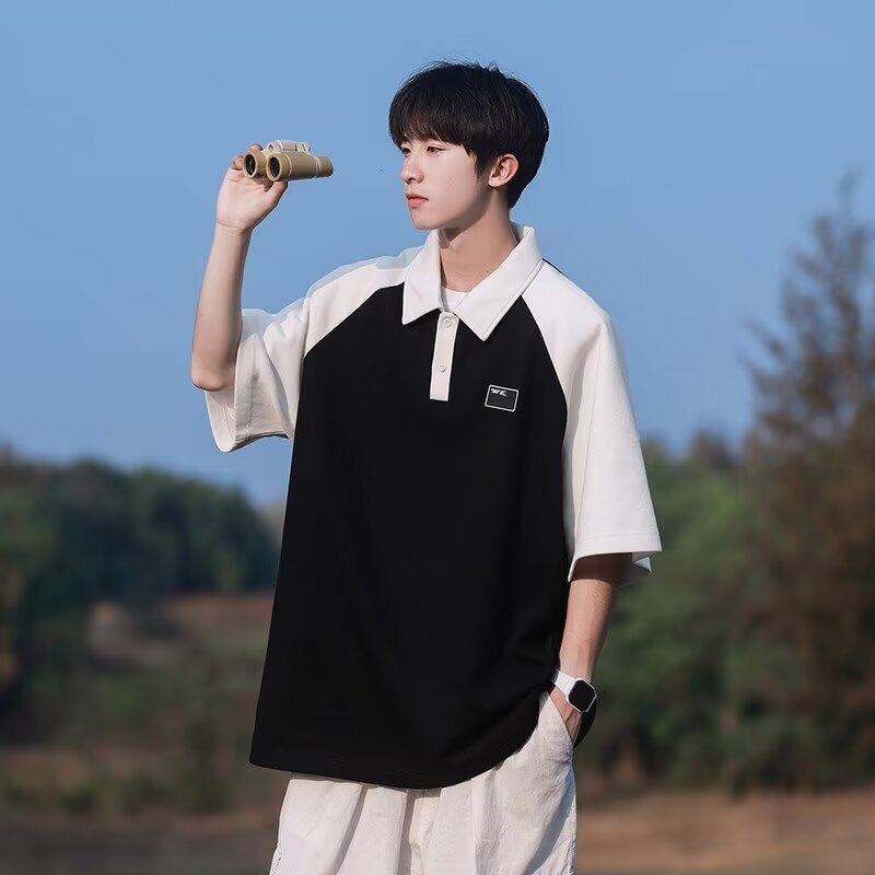 Summer Design Polo Japanesestyle Loosefitting Lapel Designer Hoodie Shortsleeve Colorblock Raglan Sleeve Designer T-shirt Men's Casual Retro Shirt Shortsleeve