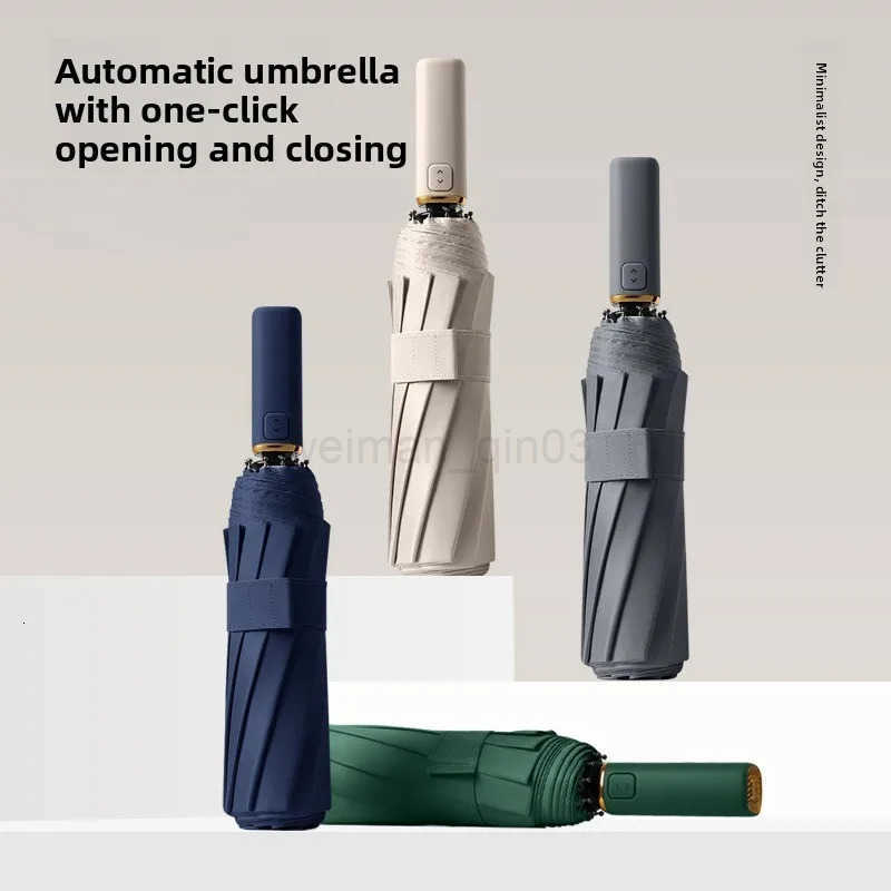 10 Bone Black Glue Fully Automatic Umbrella with Thick and Durable Keel Three Fold Umbrella UV Resistant Folding Beach Umbrella H260314