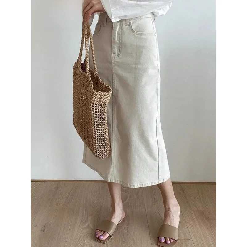 Solid Denim Long Skirts For Women Vintage Casual High Waist Slit A Line Skirts Summer 2025 New Fashion Simple Y2k Skirt Women M260314