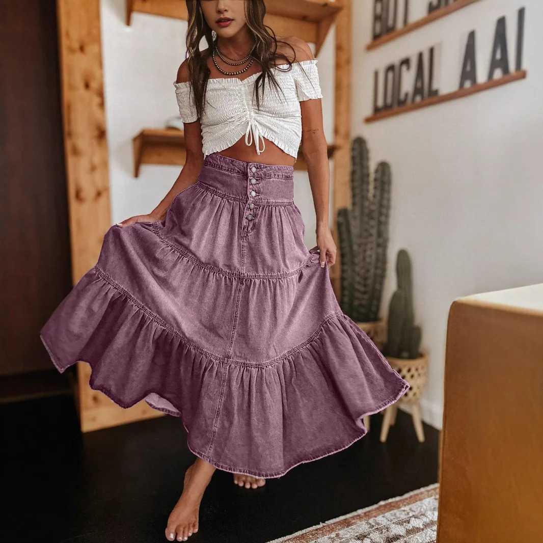 Casual Vaion Sle Denim Skirt Women High Waist Long Cake Skirt Loose Fit Street Sle Pure Color Other Material Skirt M260314