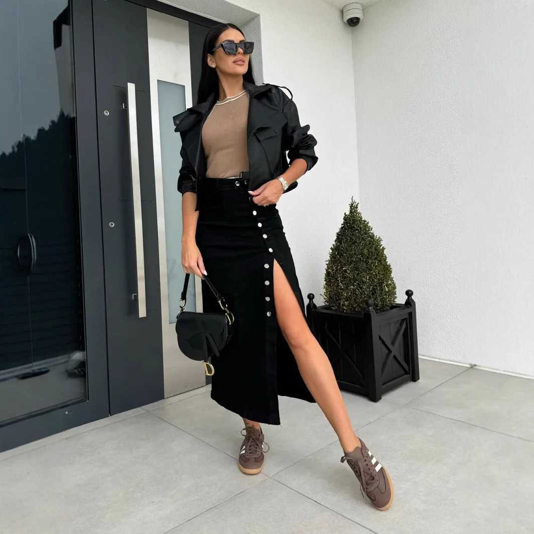 Autumn Women High-waist Retro Button Irregula Skirt Slit Washed Blue Denim Skirts Woman Package Hip Jeans Skirt Streetwear 2026 M260314