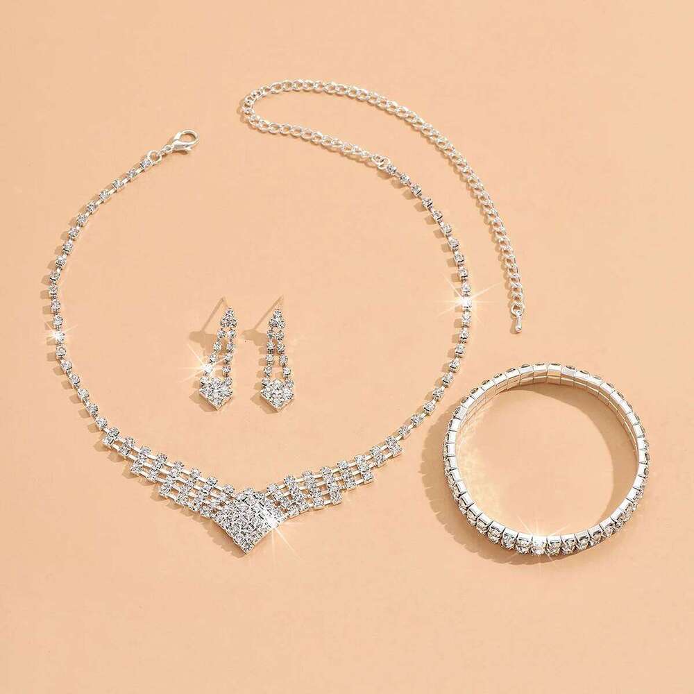 Ladies' jewelry set with geometric square minimalist rhinestone necklace, earrings, bracelets, wedding accessories Z260313