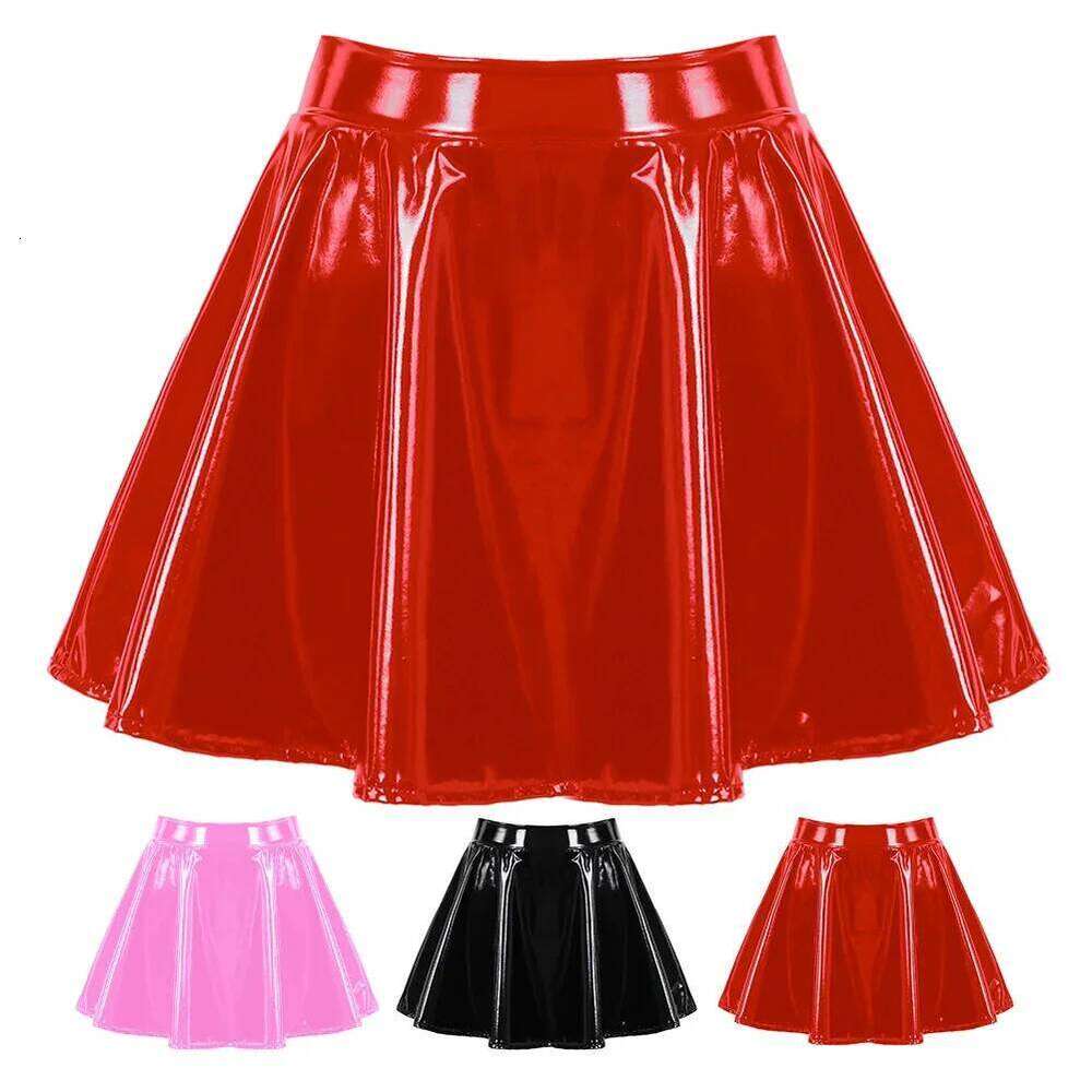 Flared Miniskirt For Women Glossy Patent Leather Dance Performance Mini Skirt Clubwear Cosplay Costume Retro Color Dress Z260314