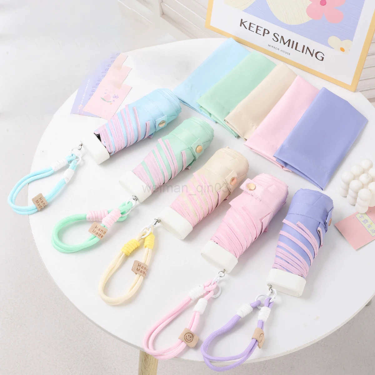 Ultra light color rope flat five fold umbrella compact and portable sun umbrella black rubber sun protection UV protection H260314