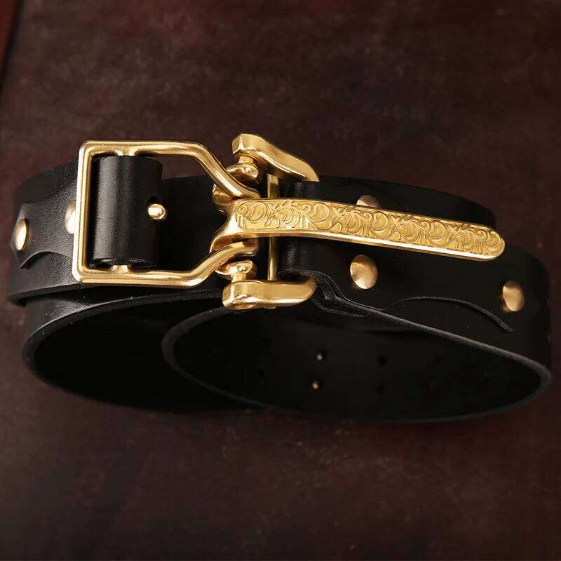 Cavalry Genuine Leather Men's High Quality Belts 3.8cm Pure Handmade Solid Vintage Embossed Brass Belt Buckle Z260226