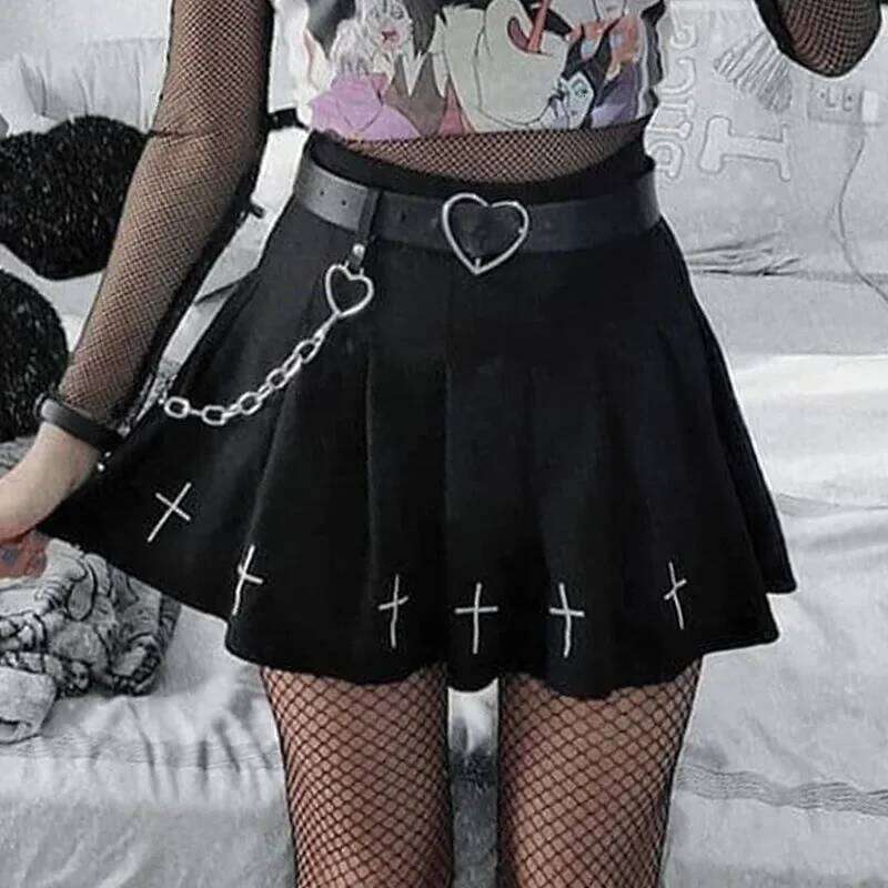 Black High Waist Mini Punk Vintage Gothic Streetwear Cross Print Pleated Women Skirts Lolita Harajuku Skirt Z260314