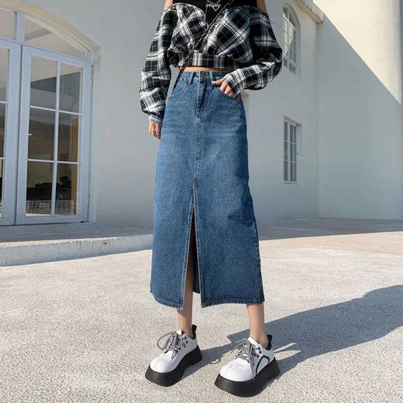 Female High Waist Solid Color Jeans Skirt Hot Sale Women Thin Mid-Long Dress s Korean Classic A-line Slit Denim Skirts M260314