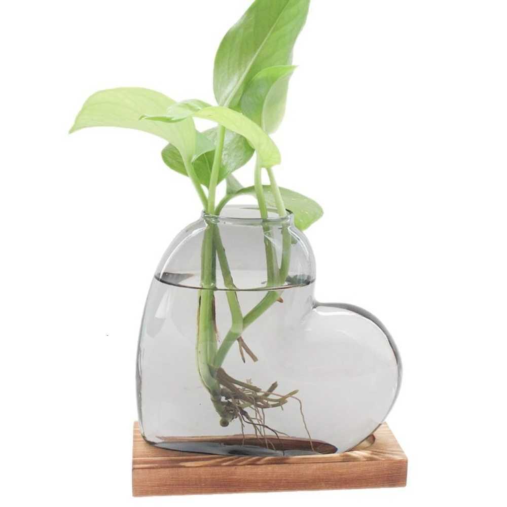 Colorful Love Shaped Glass Vase with Wooden Hydroponic Flower Plants Vase Desktop Ornament Living Room Office Decoration Y260314