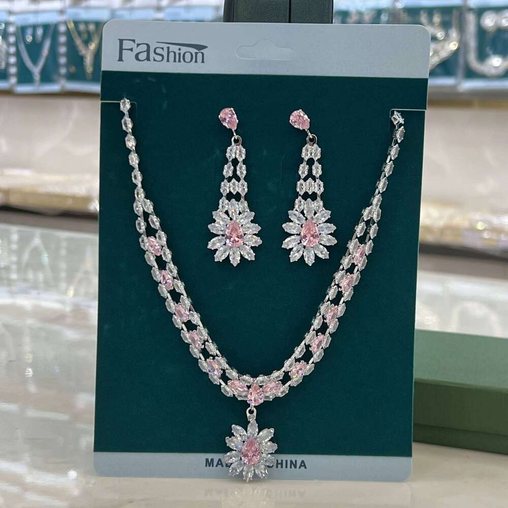 3PC Women's Fashion Zircon Series Pink Water Drop Necklace Earrings Jewelry Set Suitable for Wedding, Party, Festival Gifts-8583 Z260313
