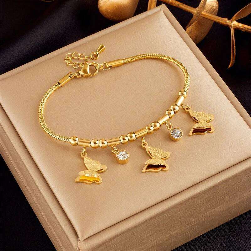 Titanium Steel Butterfly Pendant Bangles Bracelets For Women Girl Fashion Gold Color Non-fading Wrist Chain Jewelry Gift Z260313