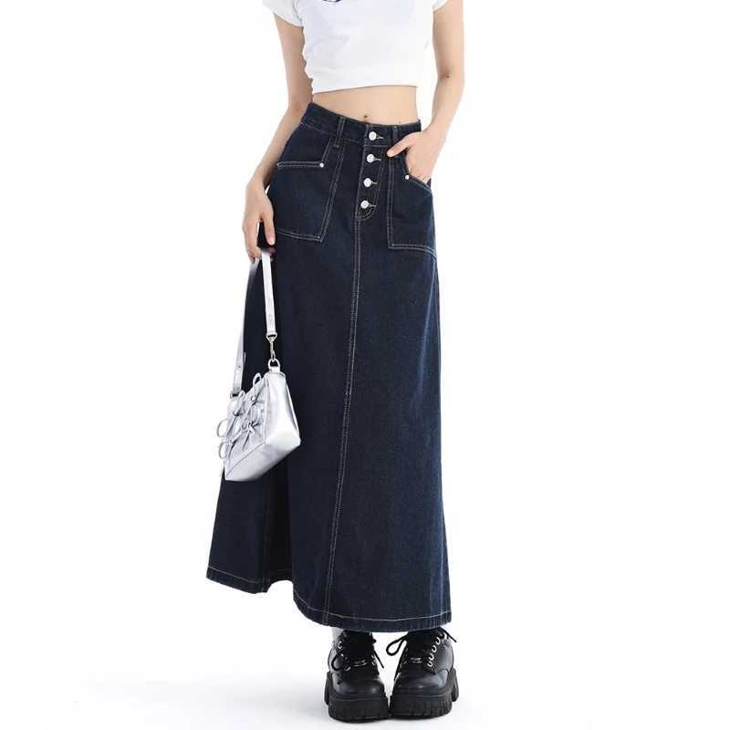 High Waist Denim Skirt Women Autumn 2024 New Arrival Single Buttons Long Skirt Women Korean Style Casual Jeans Skirts Womens M260314