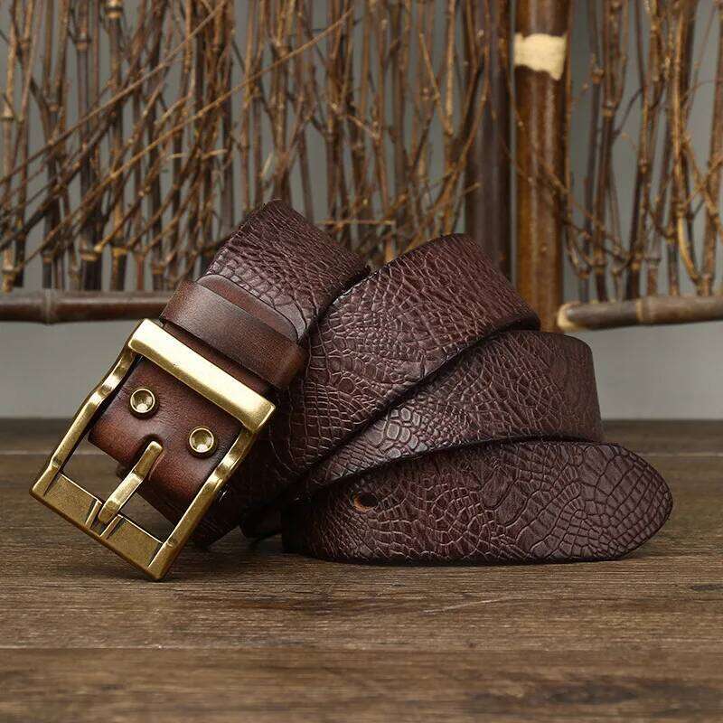 3.8CM Embossing Printing Retro Cowboy Male Cowskin Genuine Leather Heavy Copper Buckle Belt For Jeans Men Waist Z260226