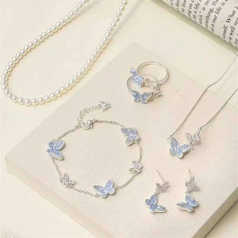 Fashion Silver Color Crystal Butterfly Jewelry Set Adjustable Bracelet Earrings Necklace Ring for Women Handmade New Year Gift Z260313