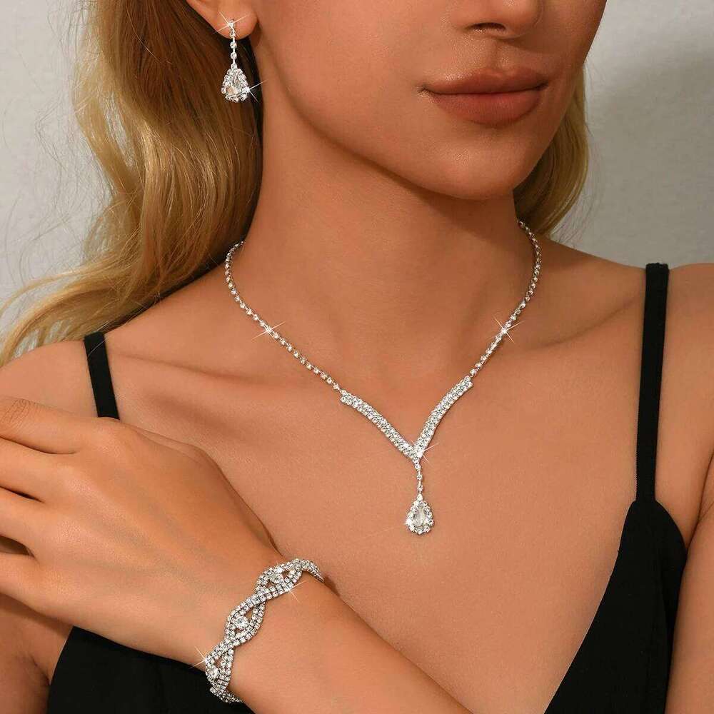 Glam Red Gem Jewelry Set Necklace Earrings Bracelet Teardrop Pendant Shiny Crystal Party Accessories For Women Z260313