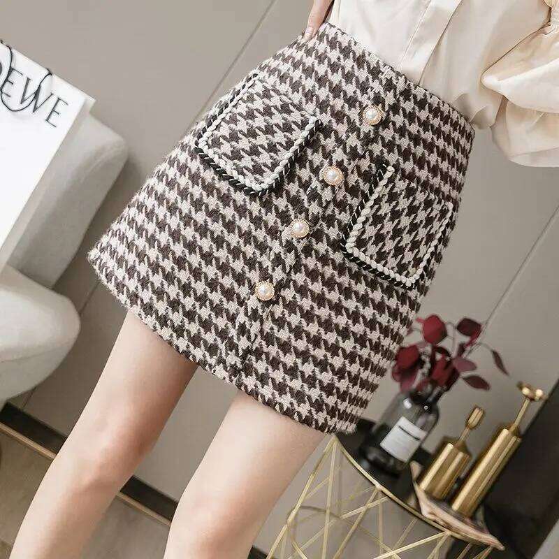 2025 New Wool Houndstooth Short for Women in Autumn Winter High-waisted Slim and Versatile A-line Hip-pack Skirt Z260314