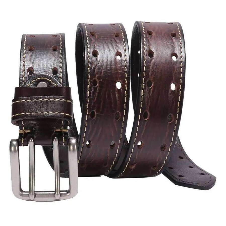 Men's Prong New Leather Belts for Men Classic Double Row Hole Universal Hollowed Out Belt Jeans Z260226