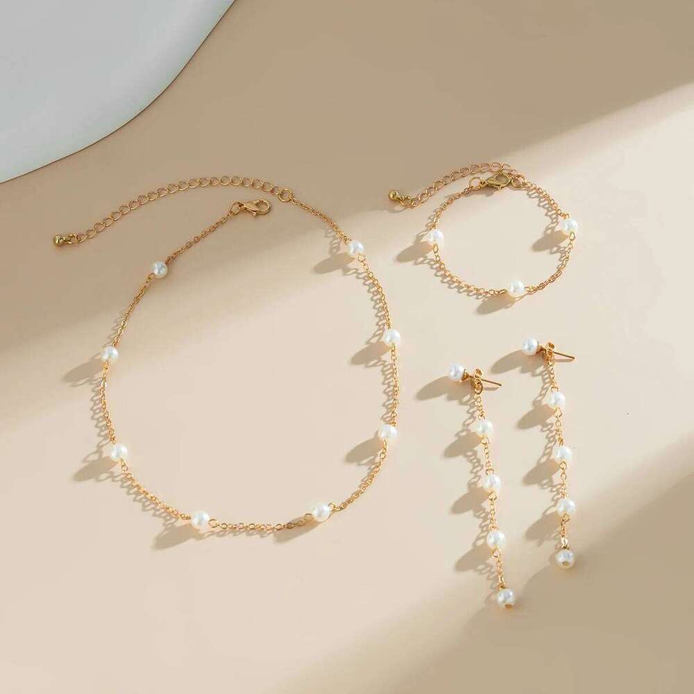 Korean Fashion Imitation Pearl Chain Necklace Bracelet Drop Earrings for Women Girls Sweet Piercing Earring Wedding Jewelry Set Z260313
