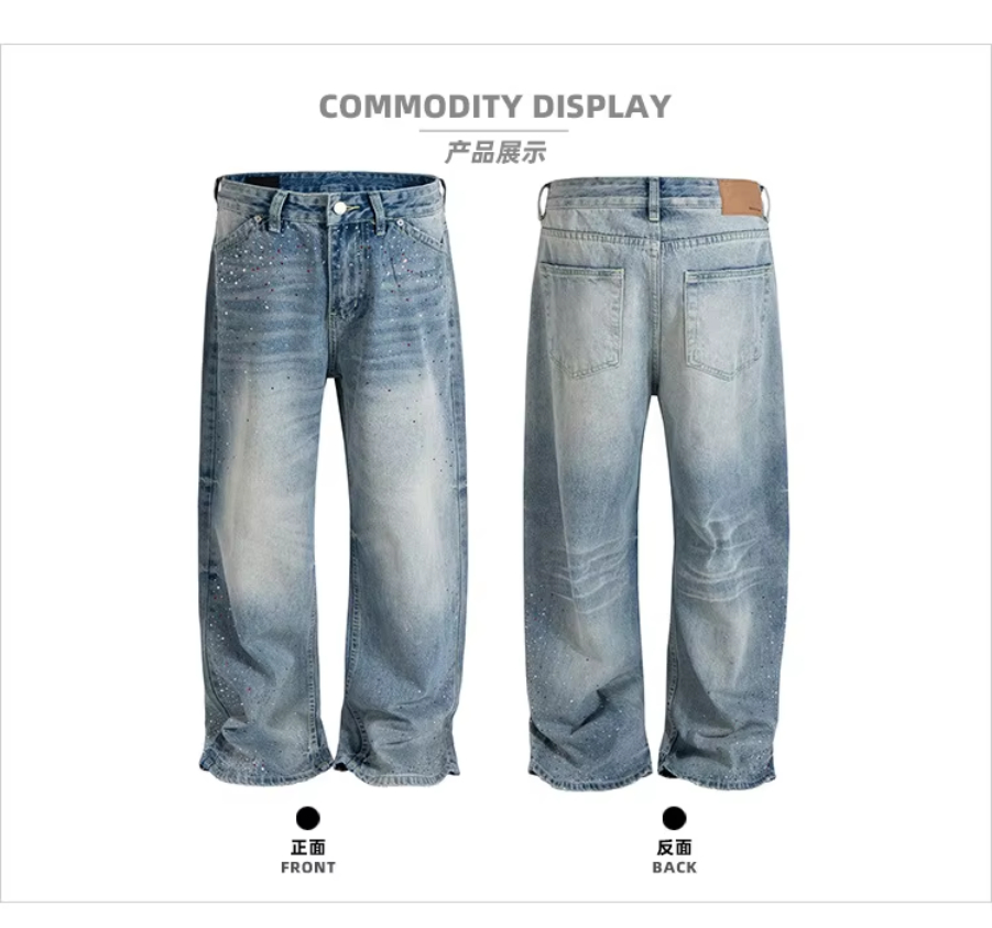 MIJKO Men's and Women's Washed and Aged Jeans Unisex with Rhinestone Faded Wide Straight Leg Blue Jeans