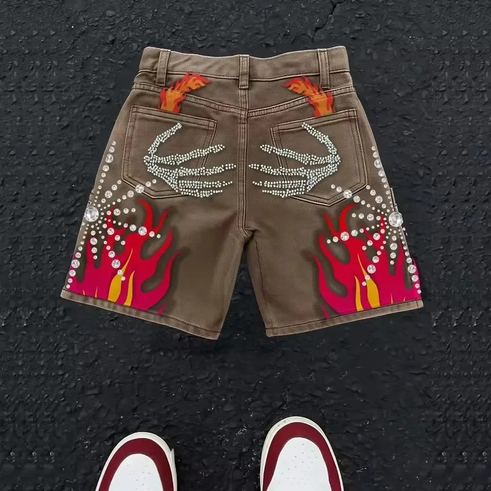 Streetwear Rhinestone Skeleton Flame Denim Shorts Vintage Y2K Baggy Pants Jeans Chain Patches Embroidery Graphics Womens Men 260311