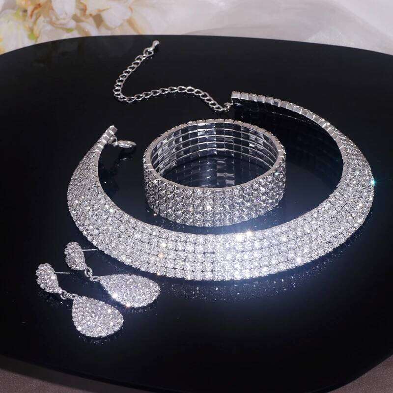 Luxury Round Rhinestone for Women Classic Silver Color Necklace Bracelet Earring Set Bridal Wedding Jewelry Z260313