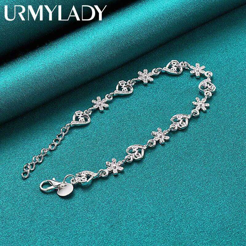 URMYLADY 925 Sterling Silver Flower Love Heart Bracelet For Women Wedding Fashion Gift Jewelry Z260313