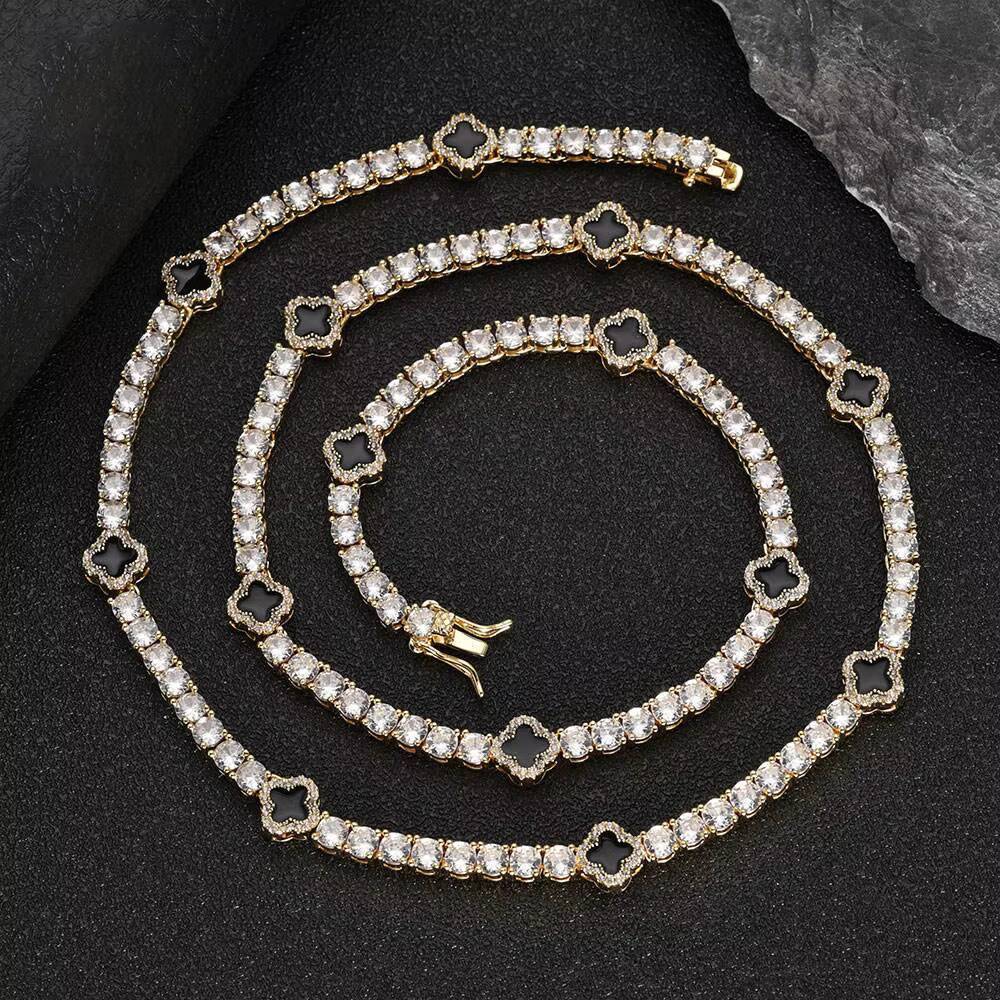 Hip Hop Fine Jewelry 4mm Iced Out Moissanite Tennis Chain Black Four Leaf Clover Tennis Chain Necklace for Men Women Gift