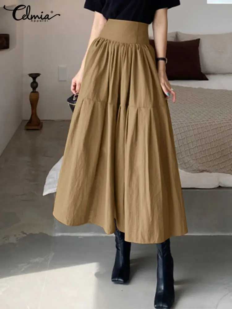 High Waist Swing Long Skirt Women Fashion Pleated Zipper Party Jupe Casual Loose A-line Skirt 2025 Vintage Beach Skirt M260314