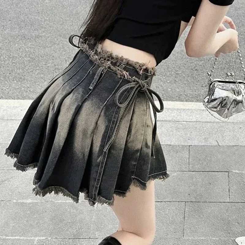Pleated Skirts Women Slim Gothic Summer Y2k Denim Clothing School s Mini Vintage Ins Fashion All-match Faldas Tassel Design M260314