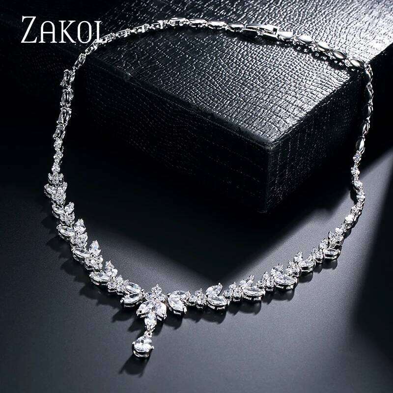 ZAKOL Luxury Brilliant Zirconia Leaf Necklace Earrings Rings Bracelets Set for Women CZ Drop Bridal Wedding Jewelry Sets Z260313