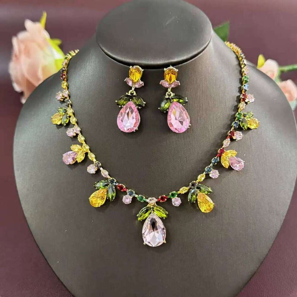 3PCS universal fashion trend zircon luxury necklace earrings pink tulip suit ins live burst wear skirt Z260313