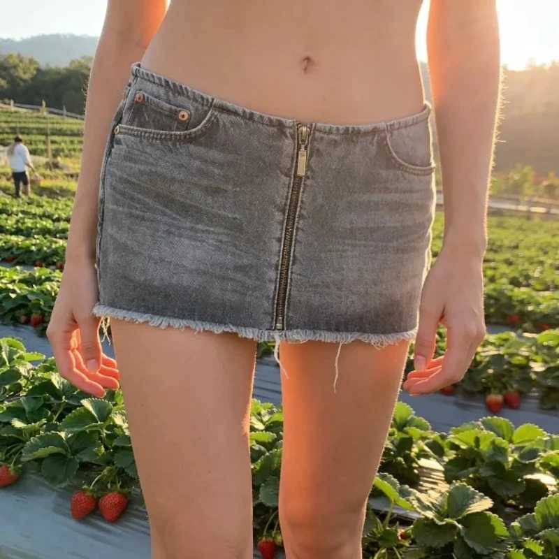 New fashionable street women gray denim zipper skirt retro frayed low-waist skirt Harajuku trendy casual sexy skirt M260314