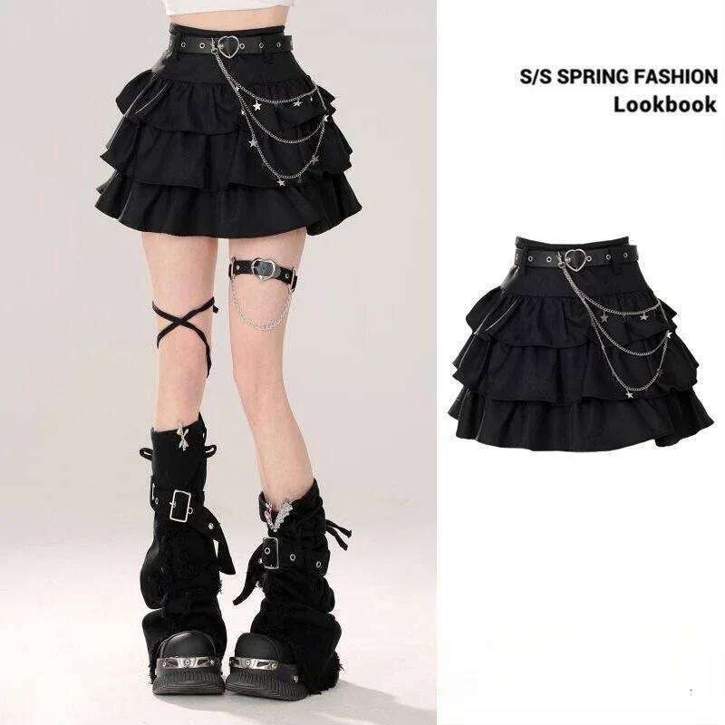 Women's Blue Black Riveted Belt Denim Y2K Harajuku High Street Fashion 90s Sexy A-line Mini Skirt Summer Clothing 2025 New Z260314