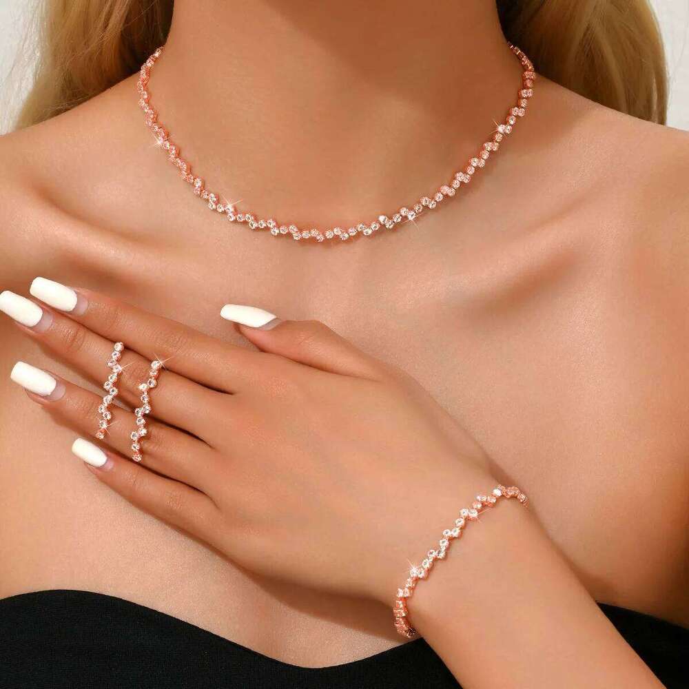 Copper Water Drill Jewelry Set Women Y2K Shiny Choker Necklace Earrings Bracelet Collarbone Chain Party Daily Fashion Accessorie Z260313