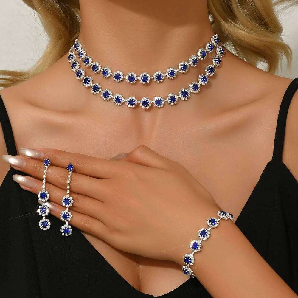 Shiny Flower Crystal Jewelry Set 4Pcs Necklace+Bracelet+Earrings Silver Plated Choker for Women Party Wedding Evening Fashion Z260313