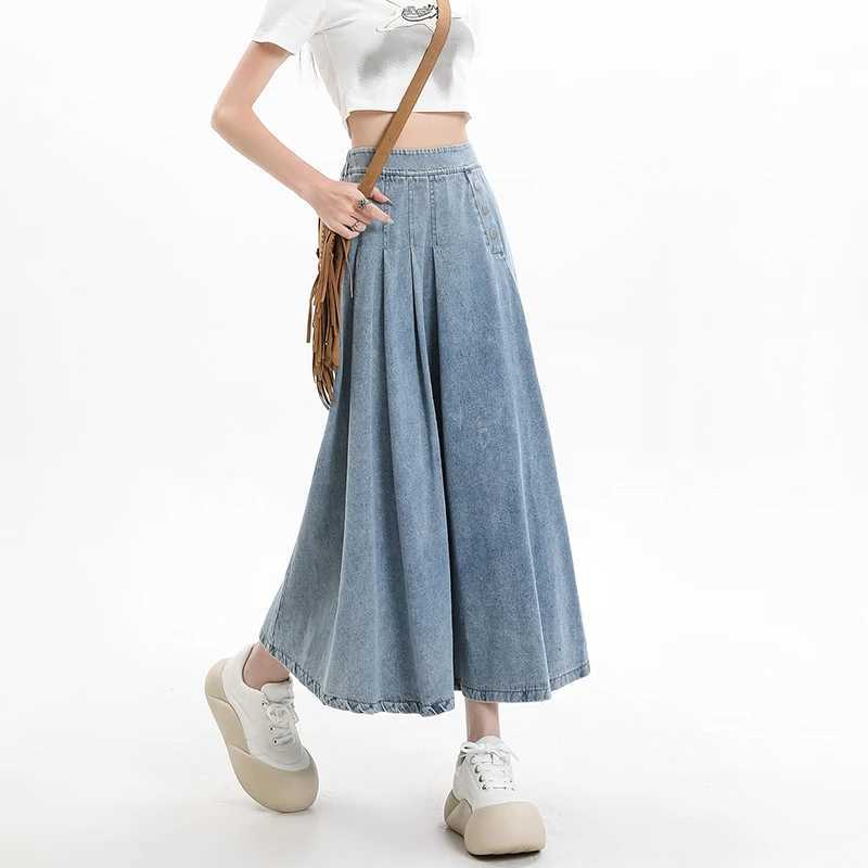 Retro Light Blue Pleated Denim Skirt for Womens 2026 New Design Sense Button Elastic High Waist A-line Mid-length Half Skirts M260314