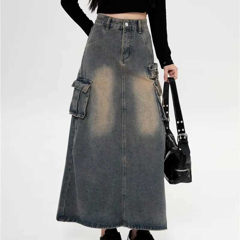 2025 Women Y2k High Waist Denim Ankle Length Cargo Skirts s Robe Cool Wrap Dress Female Retro Blue A Line Long Jeans Skirts M260314