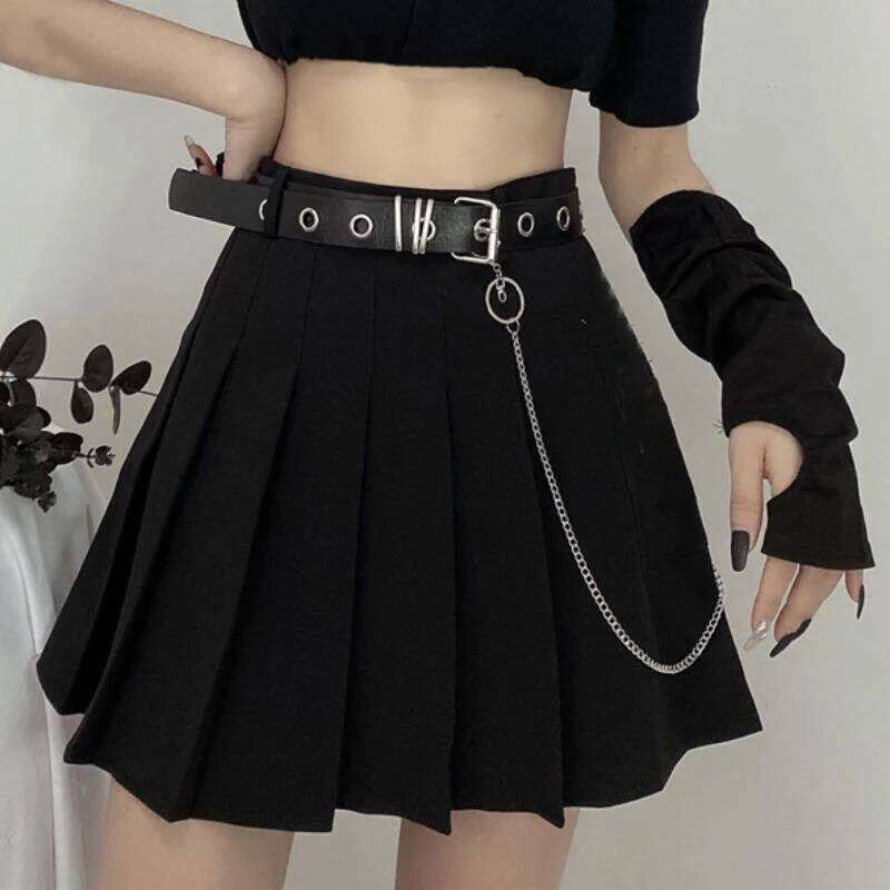 Black Pleated with Chain-Belt Punk Rock Girl Cheerleading Belted Mini Skirt Alt Women E-girl Outfit Z260314