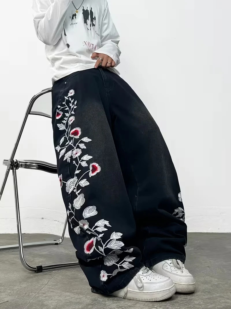 Y2K Grunge Style Floral Print Jeans Unisex Black Washed Loose Wide Leg Denim Trousers 260311