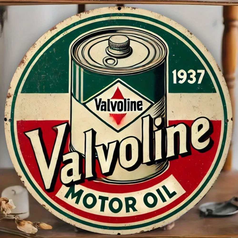2D Flat Vintage Valvoline Motor Oil Est 1937 Retro Oil Can Retro Round Metal Tin Sign - Automotive Garage Themed Wall Decor D260314